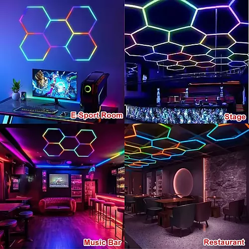 طقم إضاءة 5 خلايا النحل السداسية ليد Hexagon لقراج السيارات لون الانارة ملون RGB مقاس عرض*طول 2.3M*1.6M