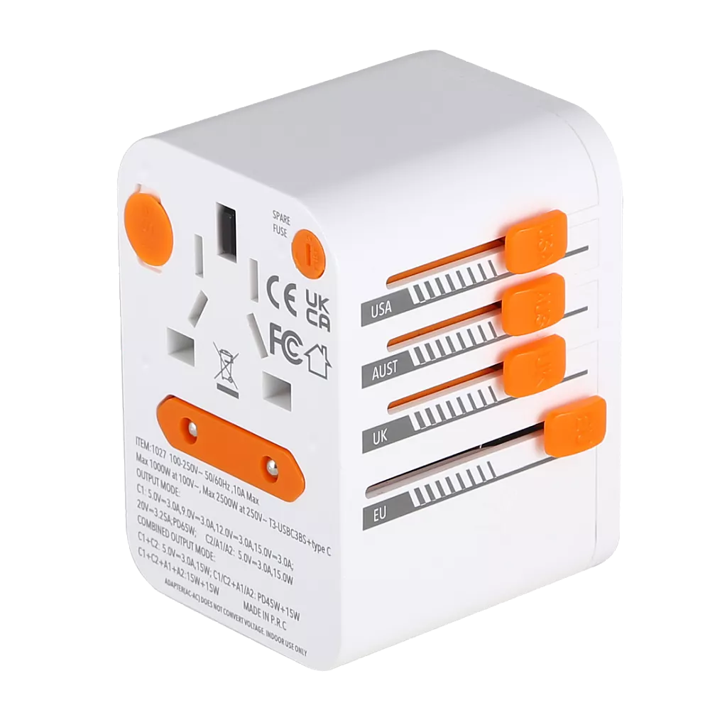 قسام محول سفر عالمي 100 واط دولي مع 5 منافذ شحن USB (3 USB C) منفذ عالمي للولايات المتحدة الى اوروبا والمملكة المتحدة واستراليا وايرلندا (النوع C/G/A/I)