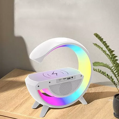 مكبر صوت بلوتوث مع شاحن لاسلكي بإضاءة ملونة، يدعم بطاقة مايكرو و ذاكرة فلاش USB لون ابيض