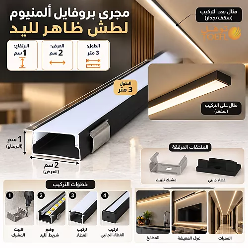 مجرى بروفايل المنيوم اسود دفن ( طول 3 متر - 1.9 سم عرض - ارتفاع 1.7 سم )