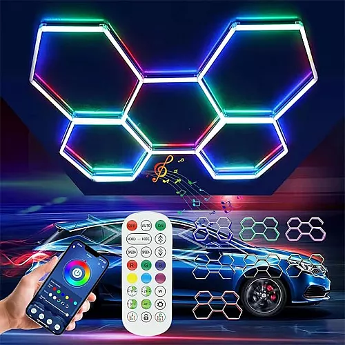 طقم إضاءة 8 خلايا النحل السداسية ليد Hexagon لقراج السيارات لون الانارة ملون RGB تحكم ريموت + هاتف مقاس عرض*طول 2.3*2.4M .